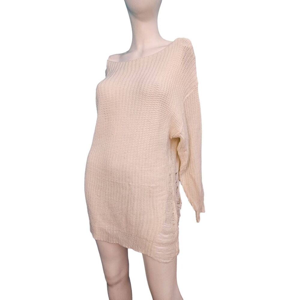 Cream Distressed Sweater Womens Size Large - Picture 2 of 8